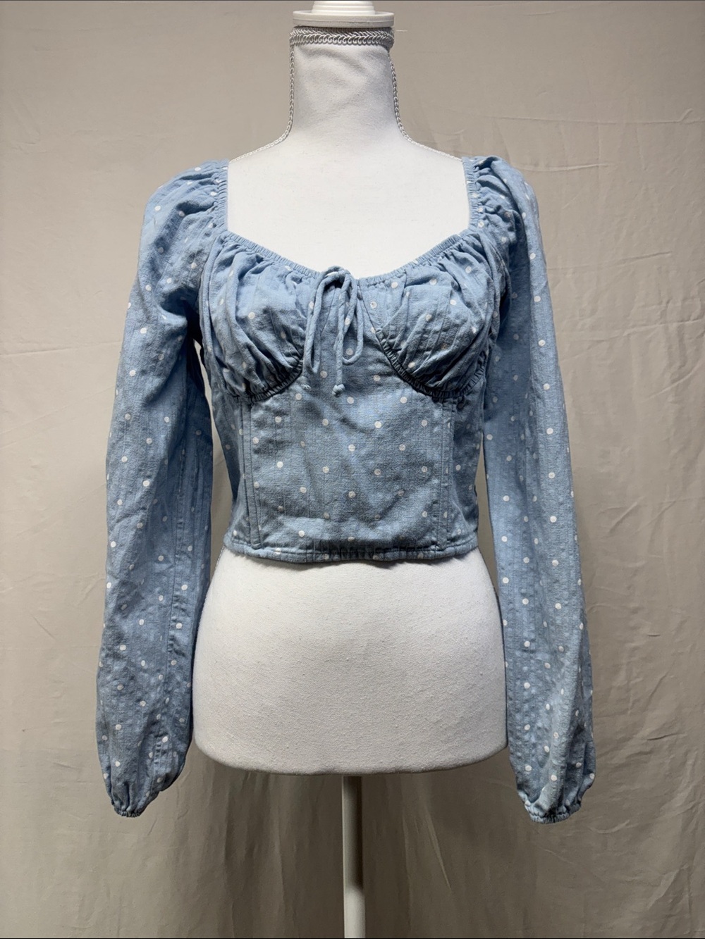 American Eagle Outfitters Light Blue Polka Dot Corset-Style Crop Top